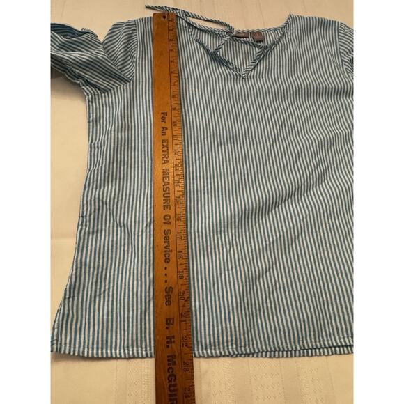 Chico's Pullover Tunic Top Sz 1 M Teal White Stripe Linen Blend Beach Resort - Picture 7 of 10